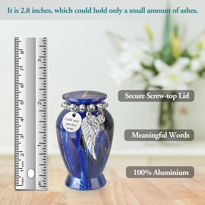 XIUDA Memorials Small Urns for Human Ashes Keepsake Aluminum Mini Urns for Ashes with Angel Wing Charm Decorative Burial Urn Funeral Cremation Urns for Women and Men (Deep Blue) - Image 2